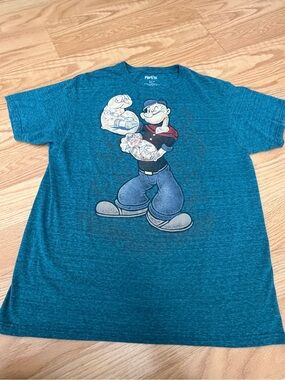 Blue Popeye graphic tee with cartoon character, size L.